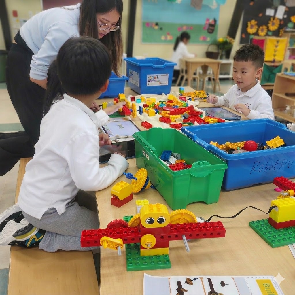 RoboEDU instructor guiding a student building with gears and blocks