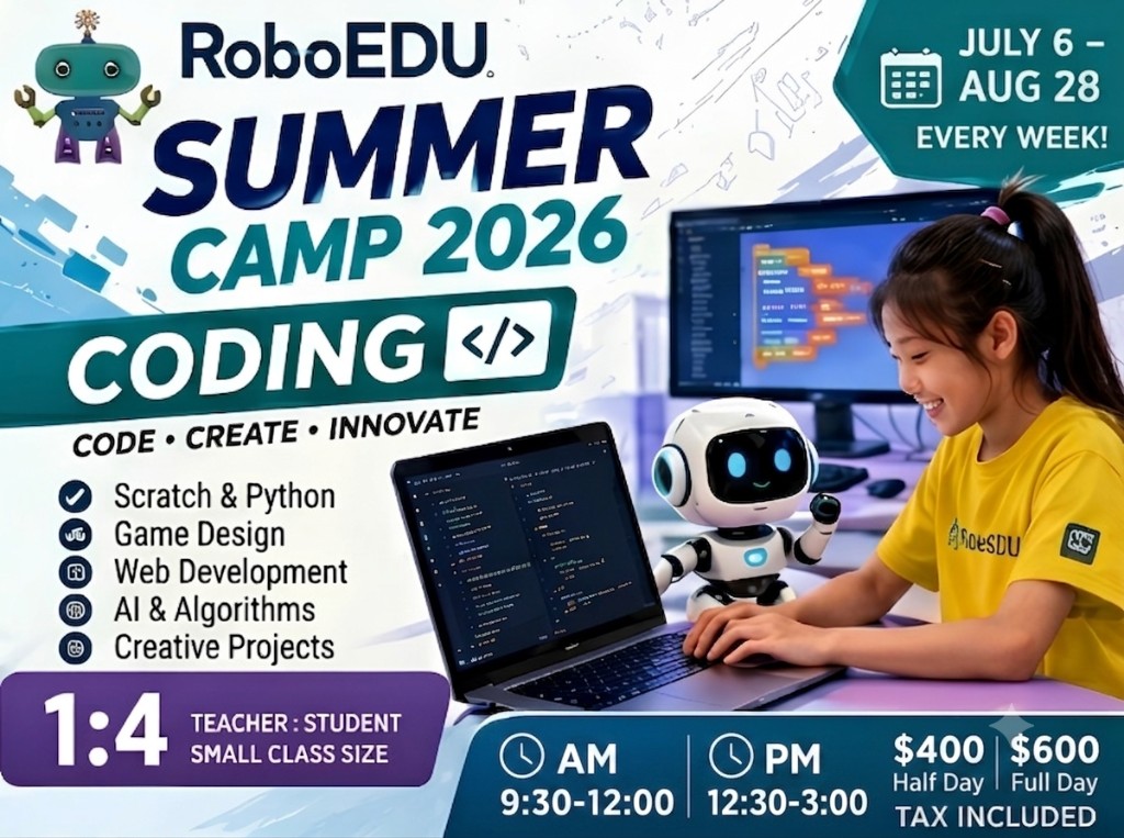 RoboEDU Summer Camp 2026 – Coding: Scratch, Python, game design, web development, AI